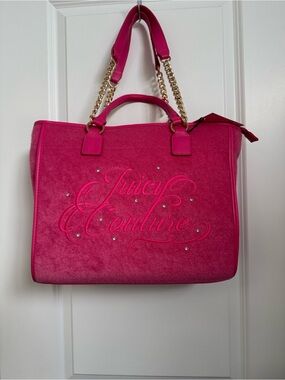Juicy Couture Bright Pink Rhinestone Logo Tote with Gold Chain Handles